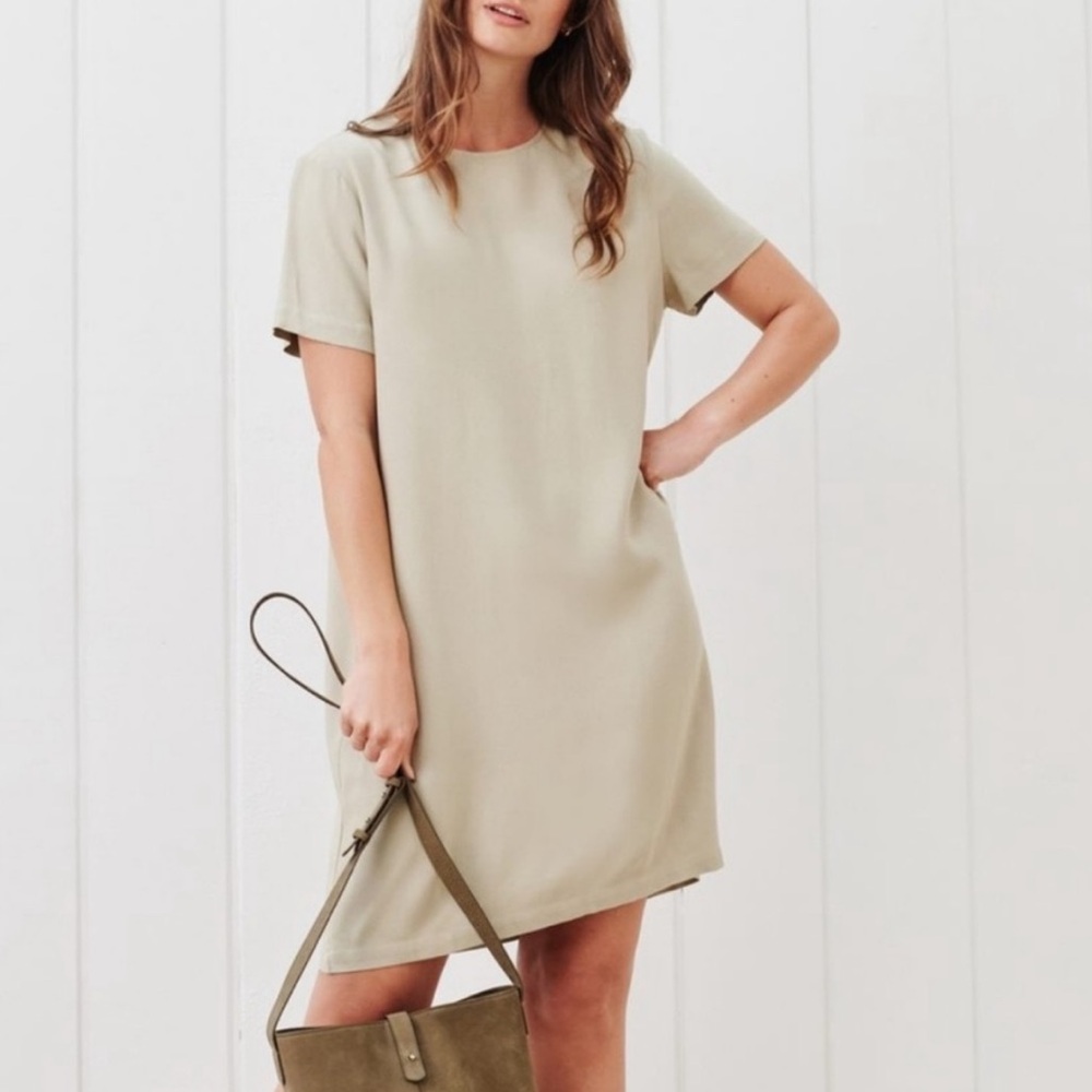Jenni Kayne Palmer Willow Tan Crepe Minimalist Shirt Dress size S